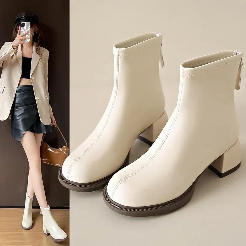 Women's High-heeled Ankle Boots, New Thick Heel Cotton Boots, Fashionable and Comfortable, Back Zipper Anti Slip Short Boots