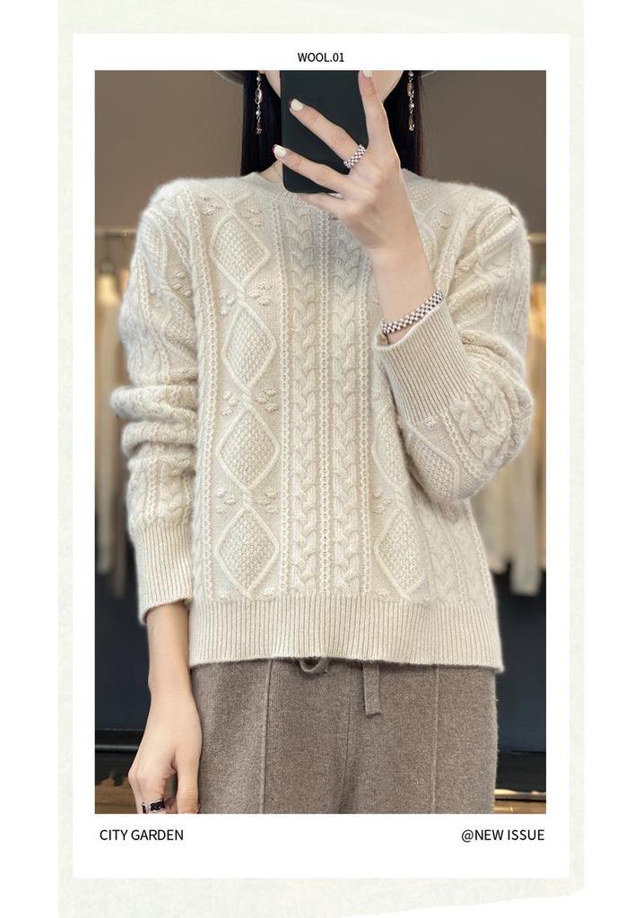 Women's Round Neck Knit Sweater - Cozy Autumn/Winter Pullover Wool Base Layer Top