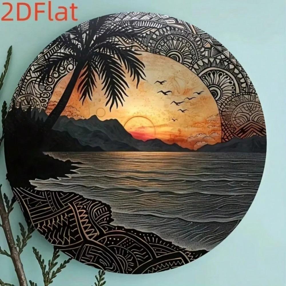 Bohemian Style Round Metal Wall Art Tropical Sunset Ocean Palm Tree Home Decor Gift