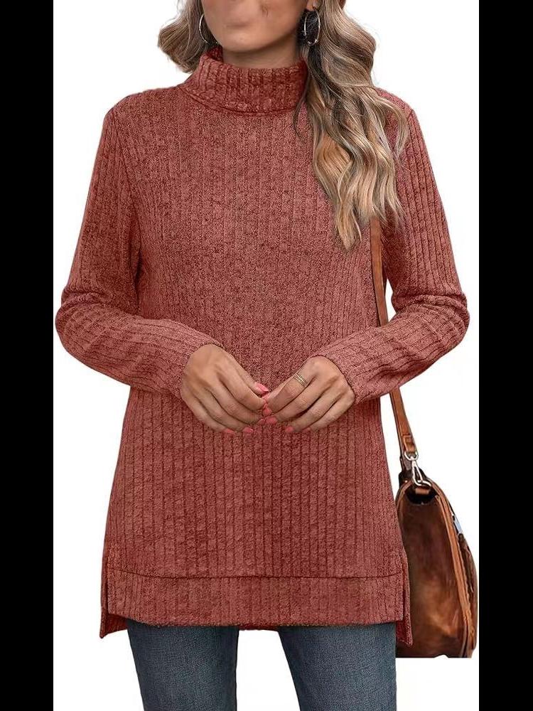 Women's High Collar Split Hem Solid Color Casual Stripe T-Shirt - Autumn/Winter 2023 Collection