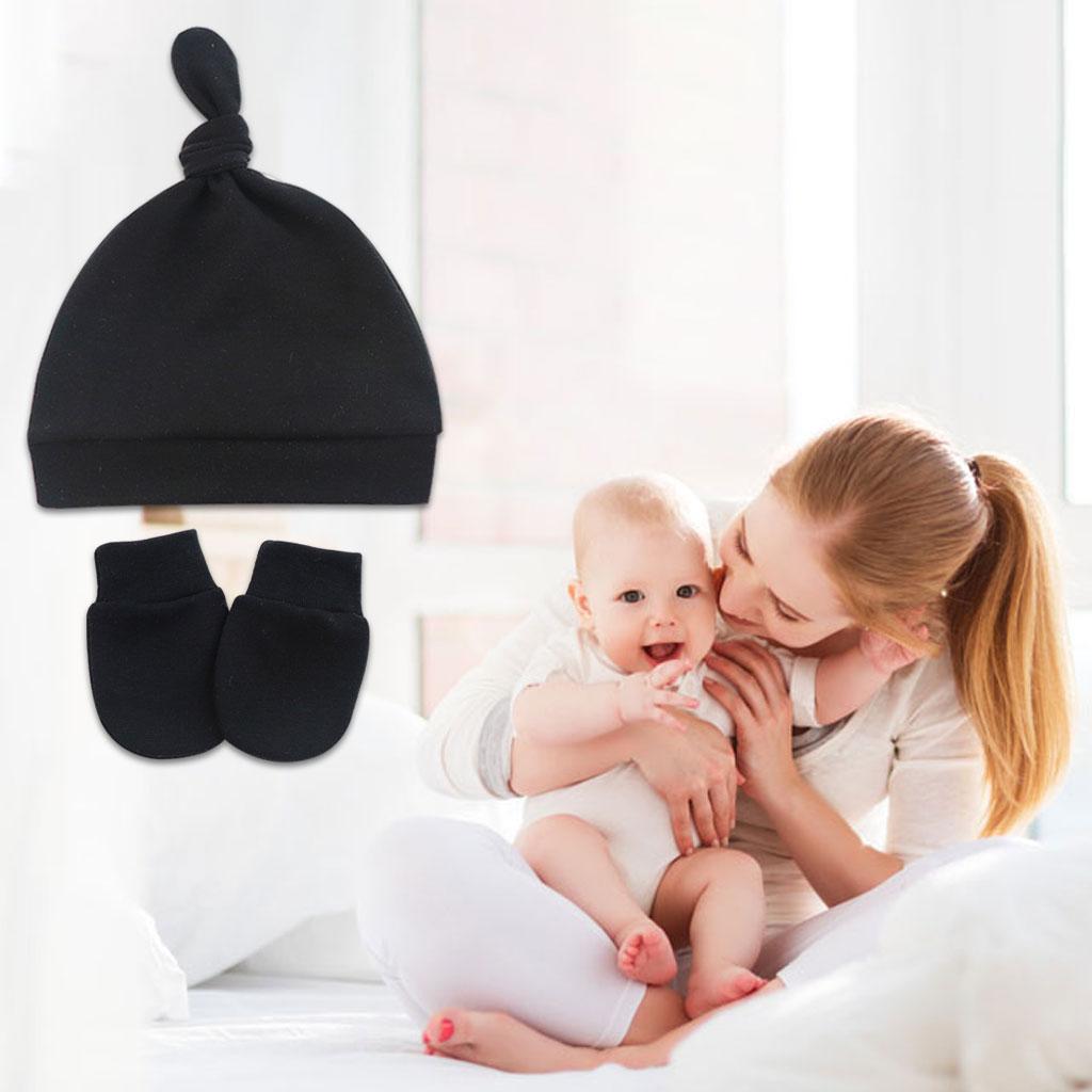 Buy Cotton Baby Hats and Mittens Newborn Top Knot Caps Black at
