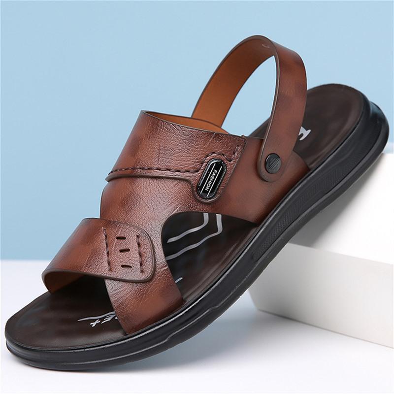 Men s 2025 Summer Cowhide Leather Casual Sandals - Breathable, Thick Sole, Non-Slip Beach Shoes 44