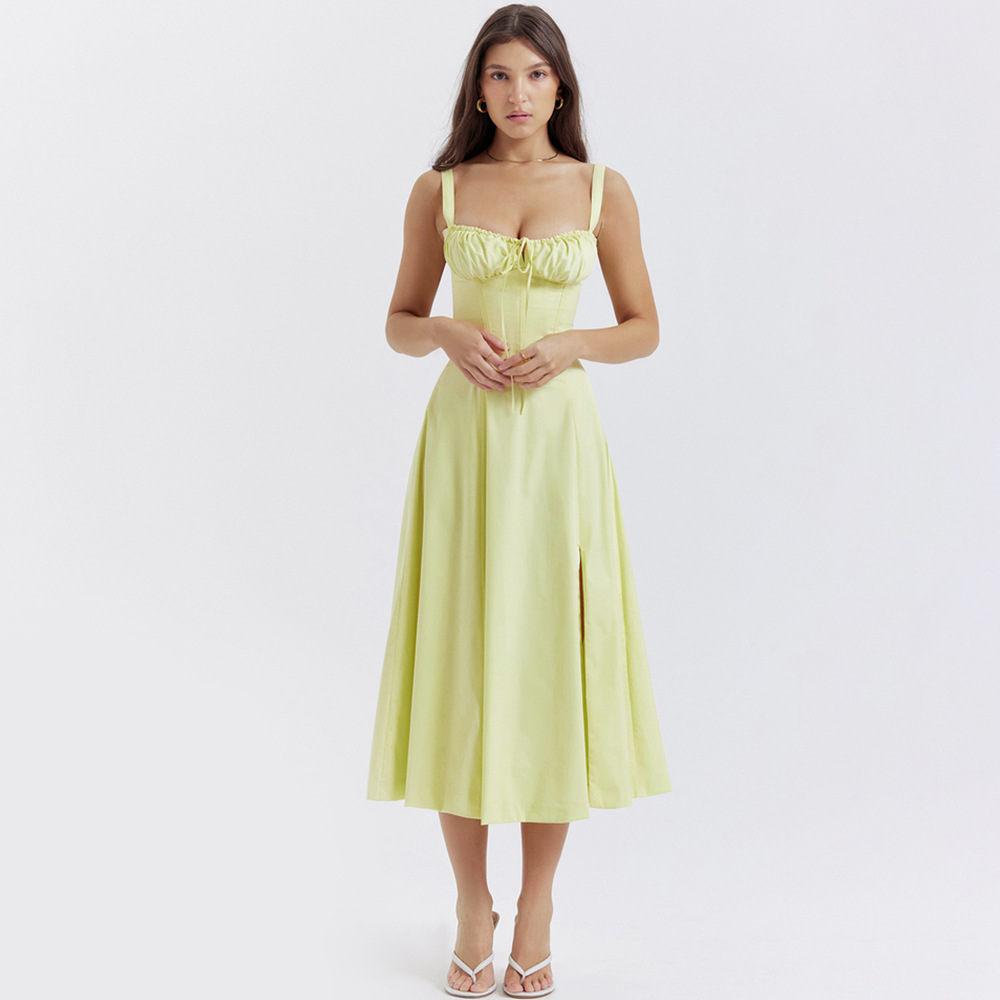 

Жіноча довга сукня Y2k з квадратним вирізом і мереживною обробкою, низький виріз без рукавів, бюстьє, міді, сукня на вихід, сарафан на бретельках L жовтий