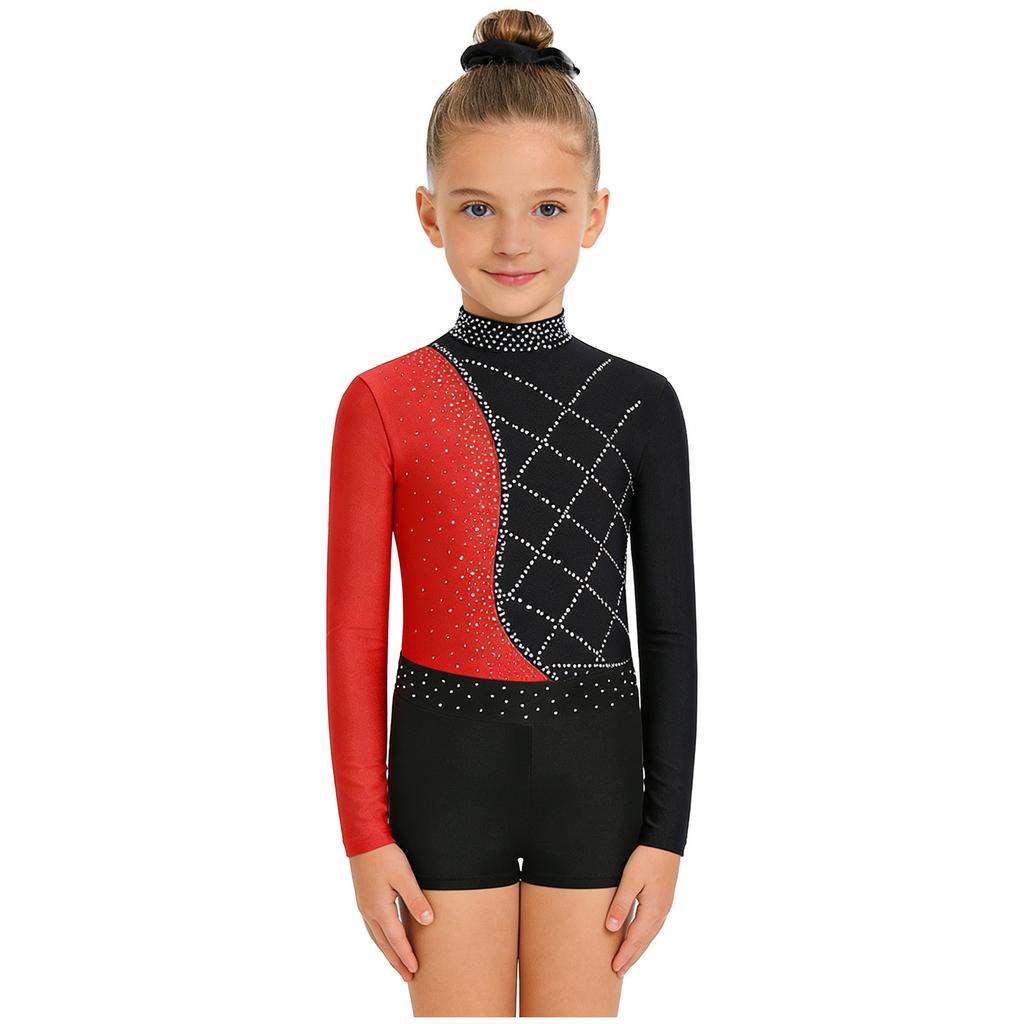 Girls Gymnastics Leotard Mock Neck Mesh Sleeve Rhinestone Color Block Dance Shorts Headband Set