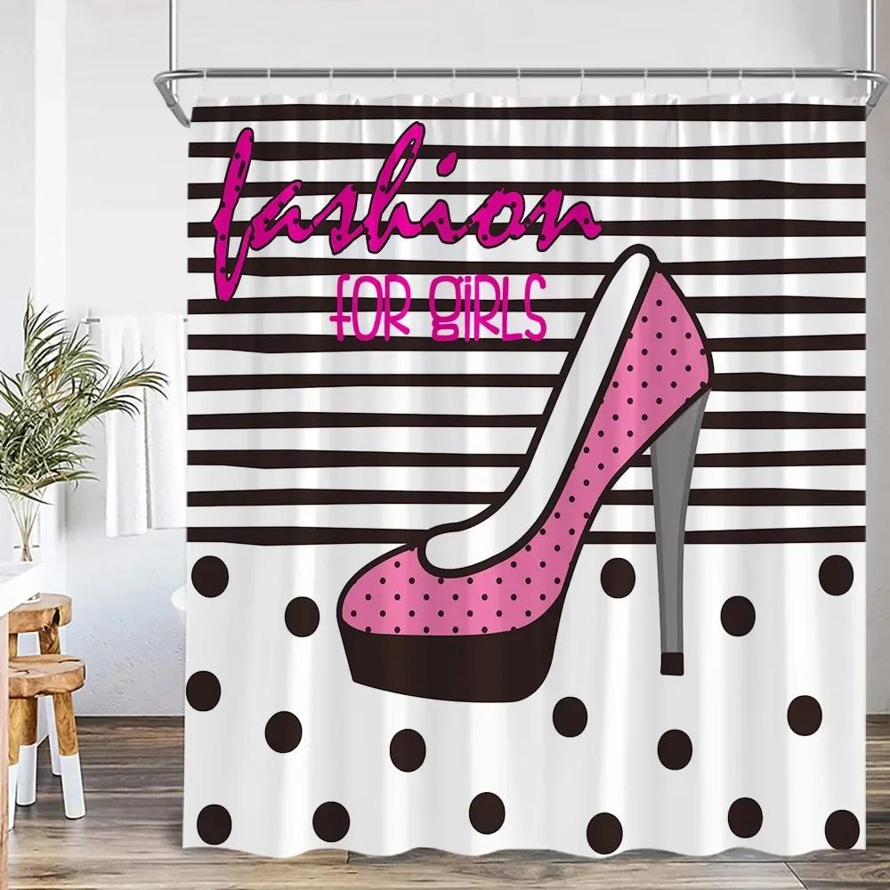 Pink perfume bottle shower curtain pink flower cosmetic pattern bathroom decoration modern fashion shower curtain with hook