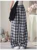 Women's Blue Ice Silk Plaid High-Waisted Wide-Leg Pants - Spring/Summer 2026 Collection