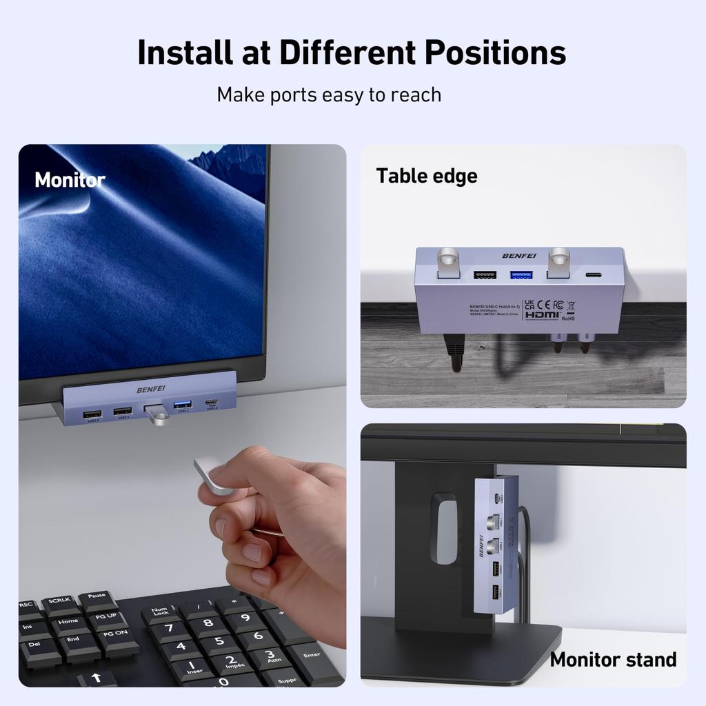 BENFEI USB C-hub med säker klämma Gigabit 100W PD 10Gbps 2 och 2 Kompatibel med iPad och XPS17 8-i-1 - 4K@60Hz HDMI, Ethernet, Laddning, USB-C,