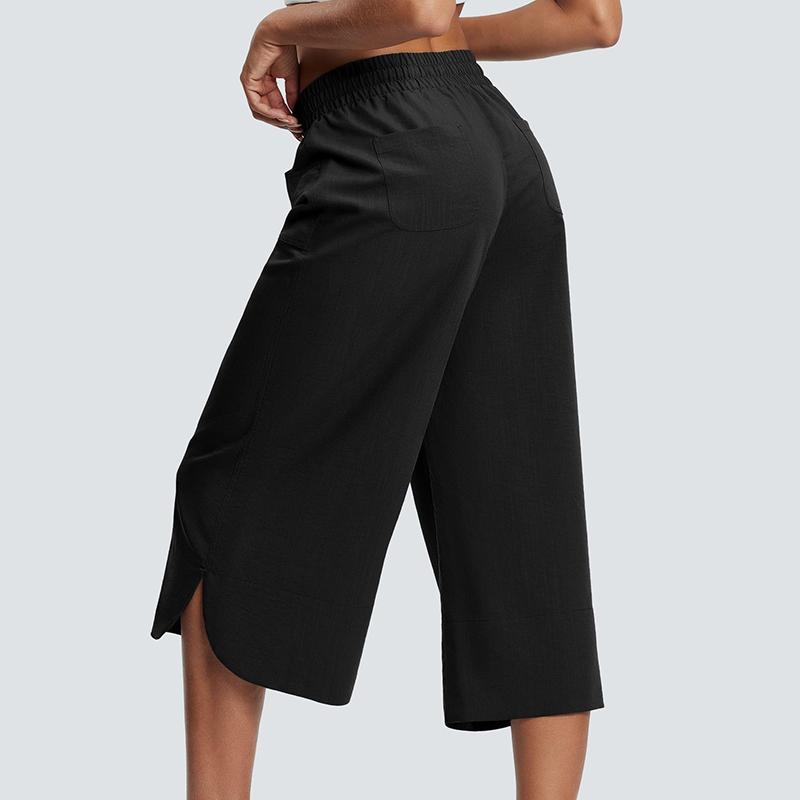 Women Spring Fall Fashion Wardrobe Staple Solid Color High-Waisted Wide Leg Capri Pants Trousers with Pocket