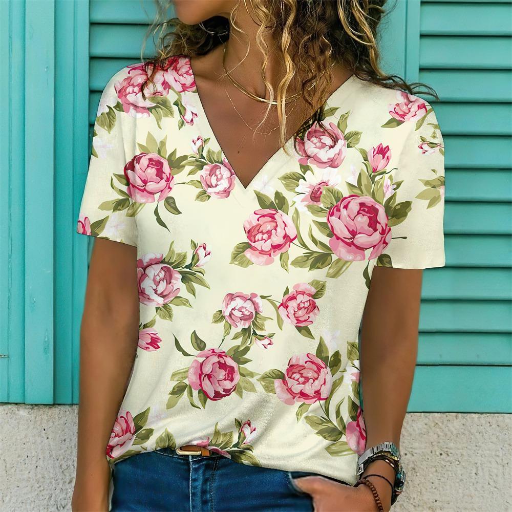 Nowy Damski T-shirt z Nadrukiem Kwiatowym Top Plus Size Odzież Damska Trend Moda Koszulka z Krótkim Rękawem Oversize Bluzka z Dekoltem w Serek