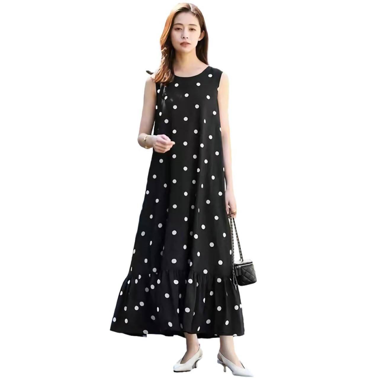 

J-Scott Women s Sleeveless Polka Dot Print Long Dress, Round Neck, Summer Dress, A-Line, Sleeveless, White, JS172-WH-L