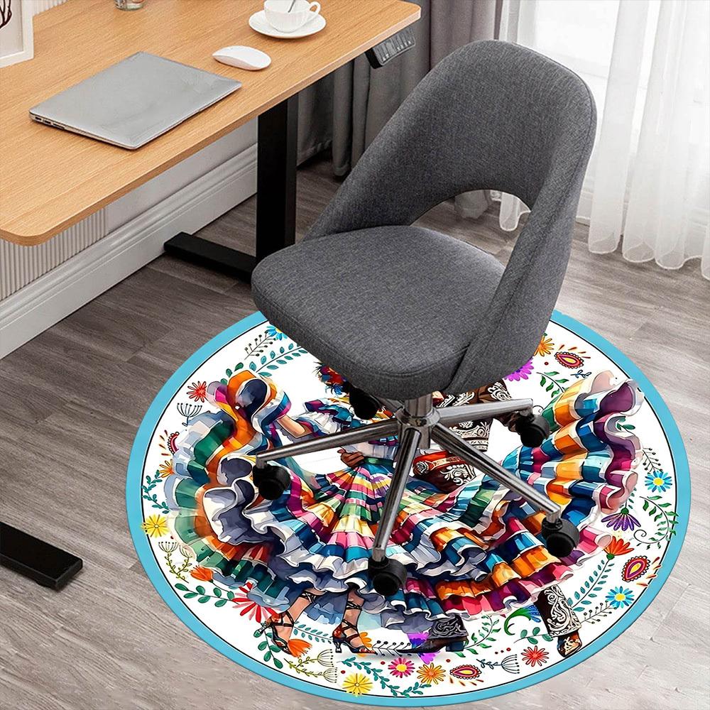 1pc Mexican Dance Floral Round Chair mat Area Rug - Non-Slip, Floor Mat for Office, Bedroom, home decor Christmas Gift-1002337