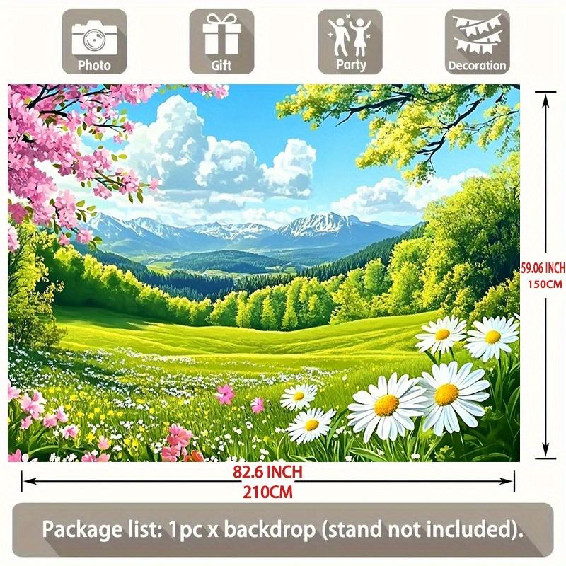 1pc Spring Flower Party Polyester Banner - Vibrant cherry blossoms, daisies and mountains, for home, room and party decoration