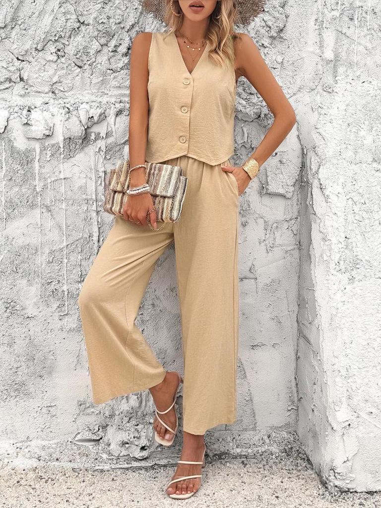 Diyun 2024 Spring/Summer Women's Casual Solid Tank Top Set