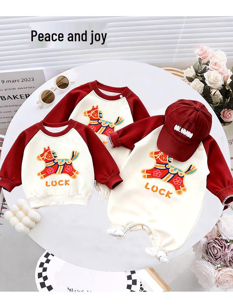 Family Matching Autumn/Winter Round Neck Sweatshirt - Red Festive New Year Print for Parent-Child Trio
