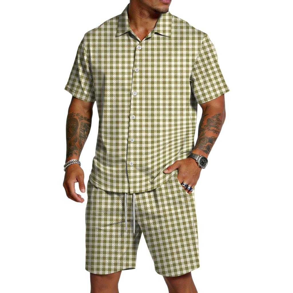 Herren Casual Zweiteiler Kurzarm Hemd mit Knöpfen und passender Shorts Leichte Sommerkleidung für Outdoor-Aktivitäten