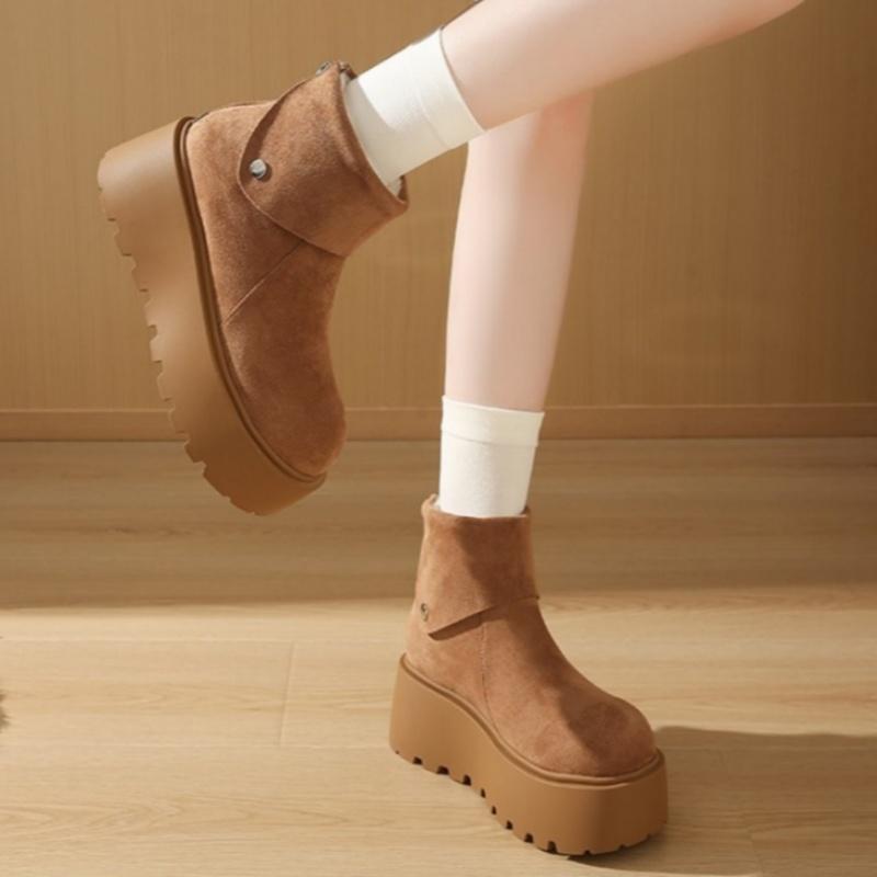 Platform Fur Ankle Snow Boots Flats Suede Warm Plush Cotton Shoes Winter High Heels Shoes Woman 2025 Trend Fad Cozy Botas Mujer
