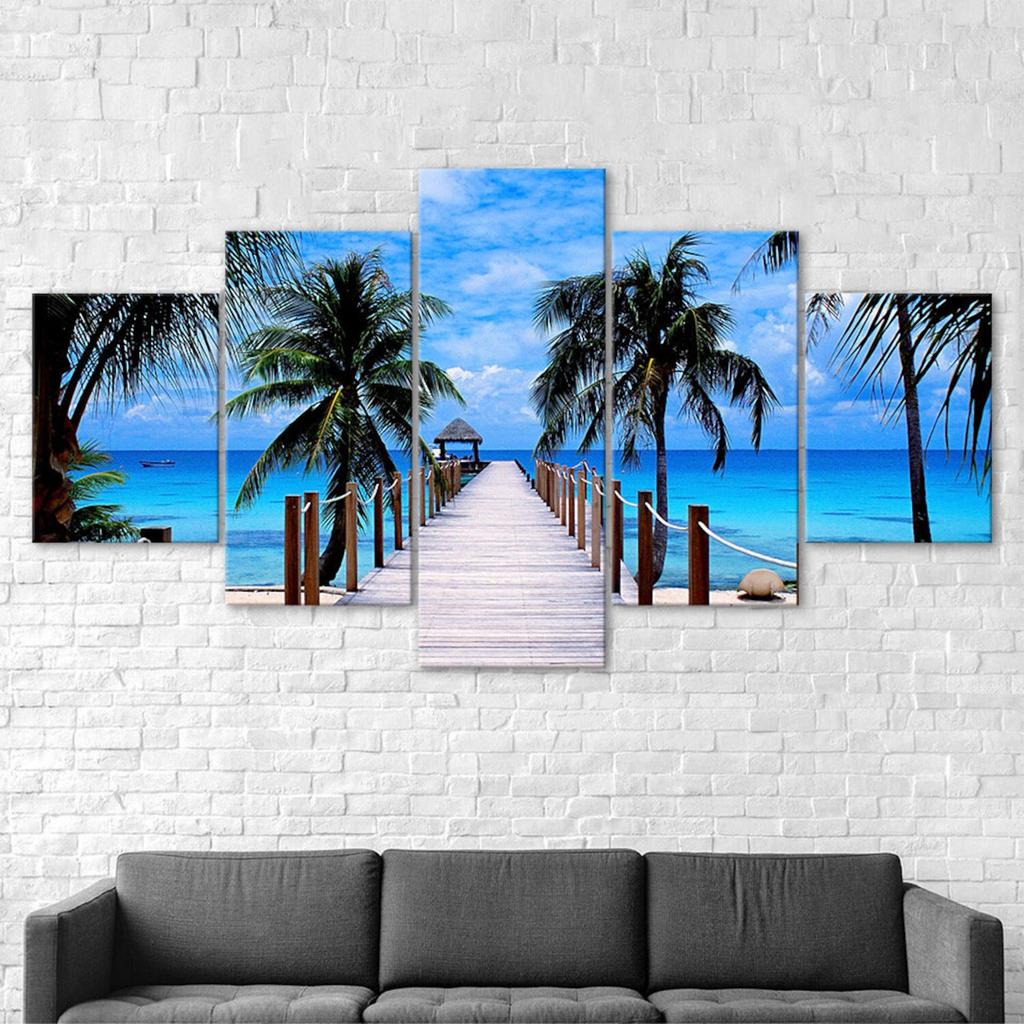Beach Palm Trees Bridge Seascape 5 Piece Five Panel Wall Canvas Print Modern Art Poster Pictures Home Decor Gift For Him For Her