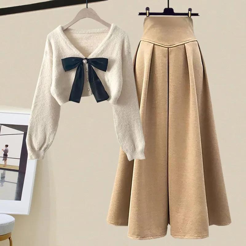 Women's Autumn Winter Korean Fashion Casual Skirt Sets Knitted Pullover+ Slim Umbrella Skirt Two Piece Set Plus Size Clothing