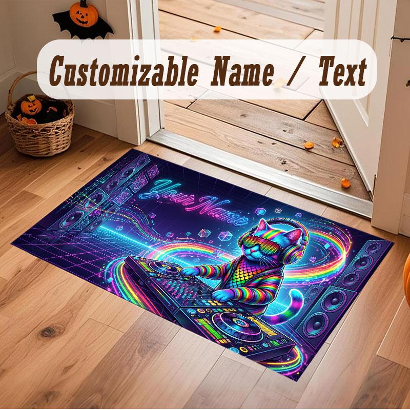 Cat Theme Crystal Velvet Floor Rug Personalized Custom Name Text Warm Carpet Home Decoration