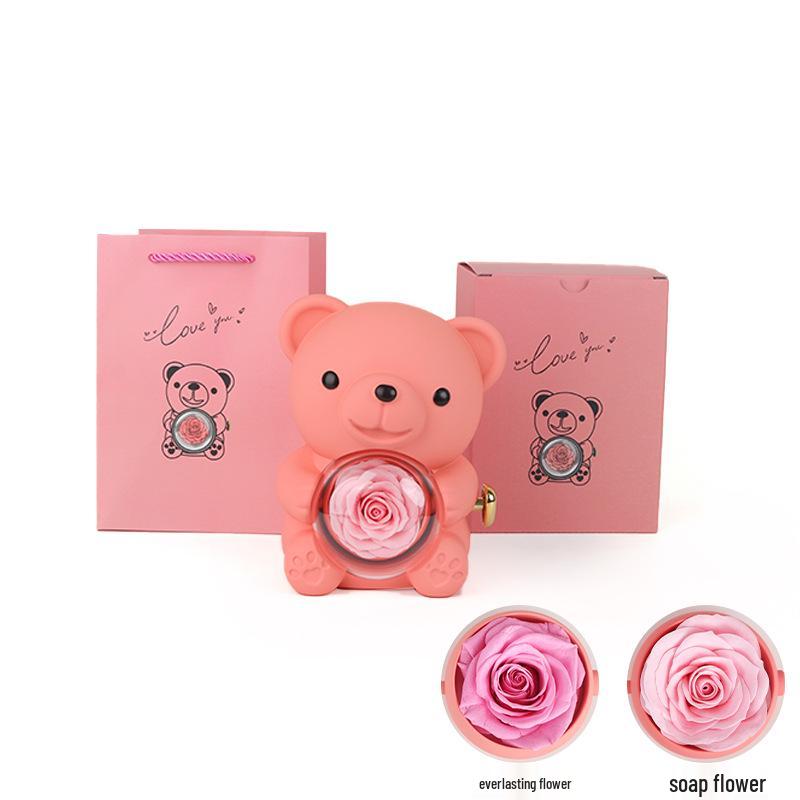High-Quality Rotating Bear Jewelry Box with Everlasting Flowers - Perfect Valentine's Day Gift