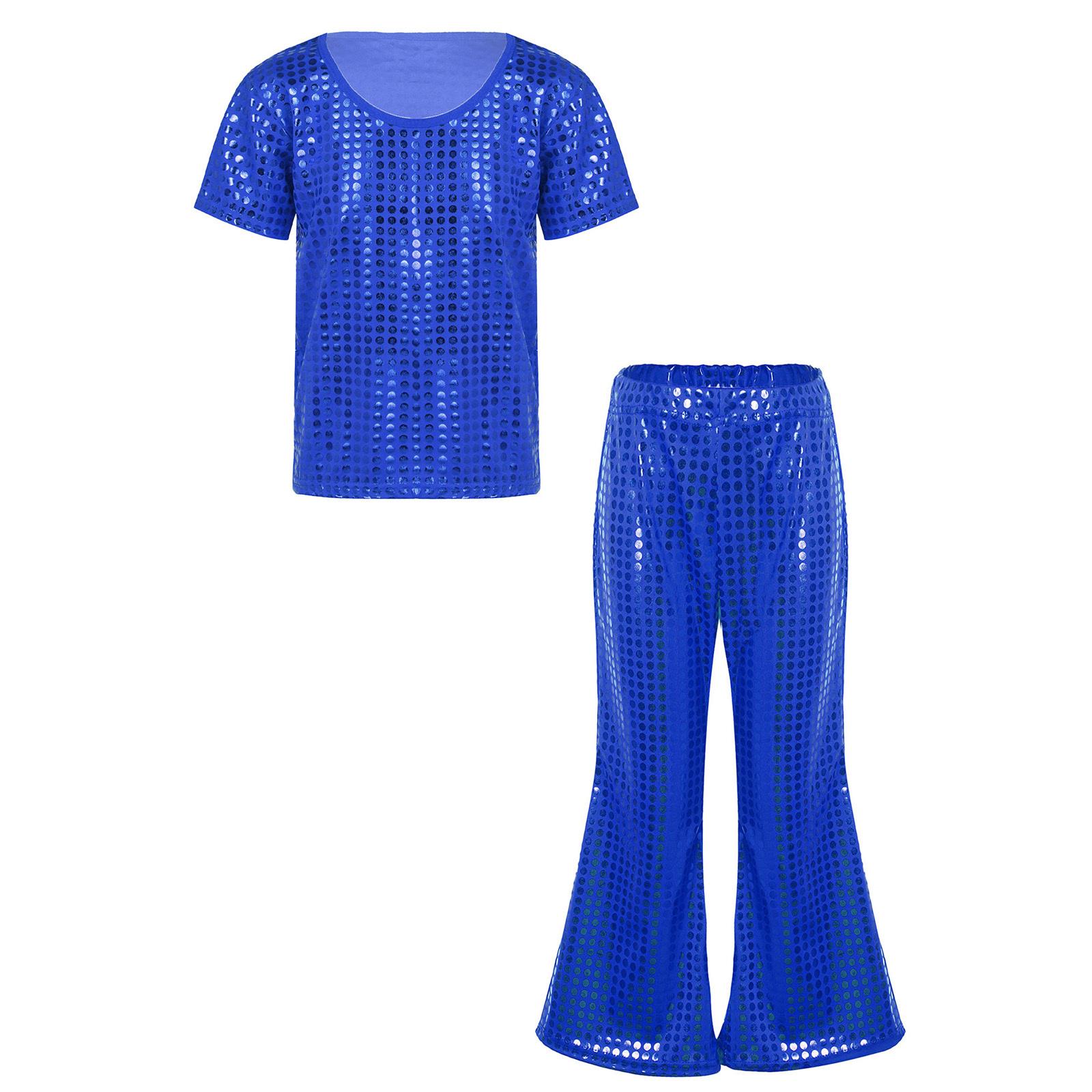 

Kids Stage Dance Outfit Solid Color Shiny Sequins Short Sleeve T-Shirt and High Waist Flared Pants with Elastic Waistband 9-10 Years