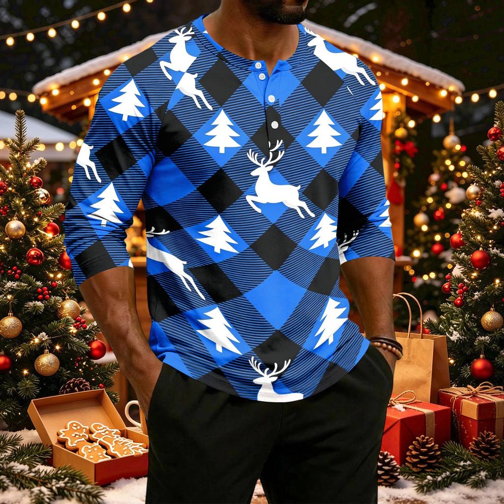 Men's Casual Shirt with Raglan Three-Quarter Length Sleeves Christmas Print Pullover