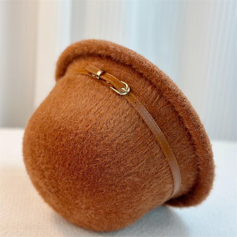 New Belt Buckle Wool Hat Women's Autumn and Winter Simple Top Hat Bucket Hat Dome Basin Hat