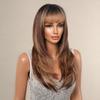 Braune Highlight-Synthetik-Perücke, lange, gerade, geschichtete Perücken mit Pony, Ombre, Schokoladenbraun, Cosplay-Party-Haar-Perücken, hitzebeständig