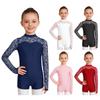 Collant de Manga Longa Patchwork de Renda para Meninas com Costas em Buraco Maior Body de Ginástica Dança para Competição de Palco