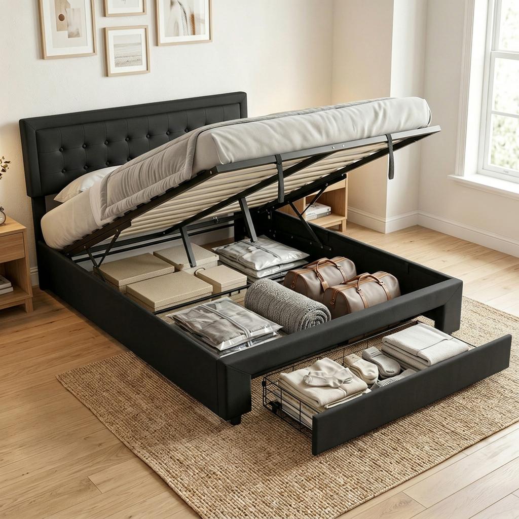 PU Leather King Size Ottoman Bed Frame, with Front Drawer - Black