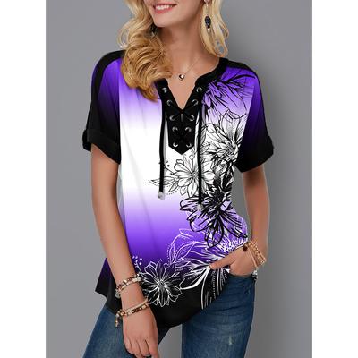 Women Floral Printed Tops Summer Lace Up V Neck Short Sleeve Loose T Shirt