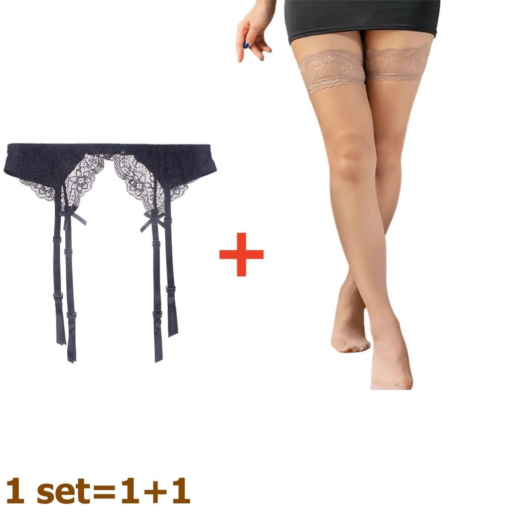2Pcs Women'S Adjustable Non-Slip Stockings High Waist Garter Belt Plus Size Sock Set Lace Mesh Suspender One-Piece Pantyhose Xxl