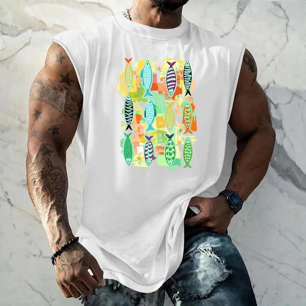 Men's Sleeveless Tank Top Loose Fit Vintage Texture Breathable Muscle Shirt Summer Streetwear Casual Daily Wear Printed Vest