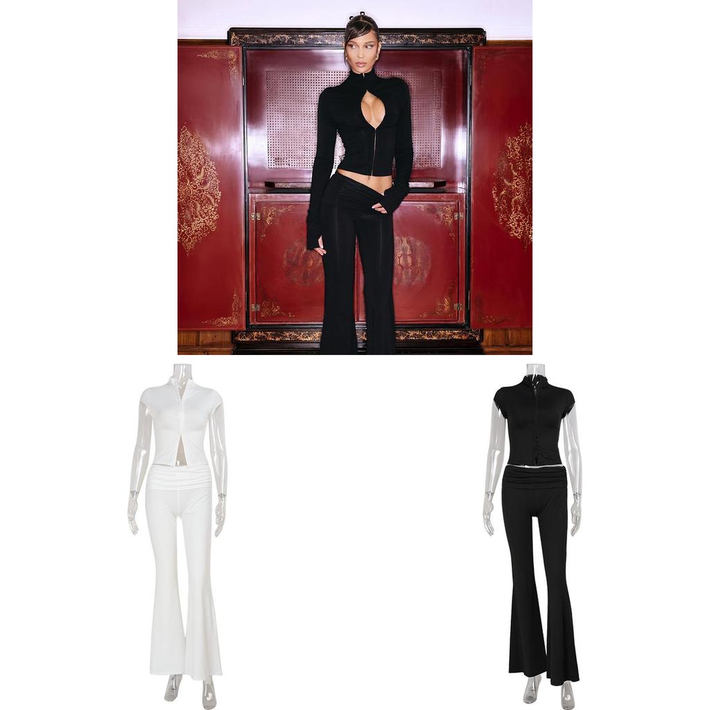 Sexy Girl Black Short Sleeve Crop Top And Flared Pants Set With Pleated Details For Streetwear Fashion