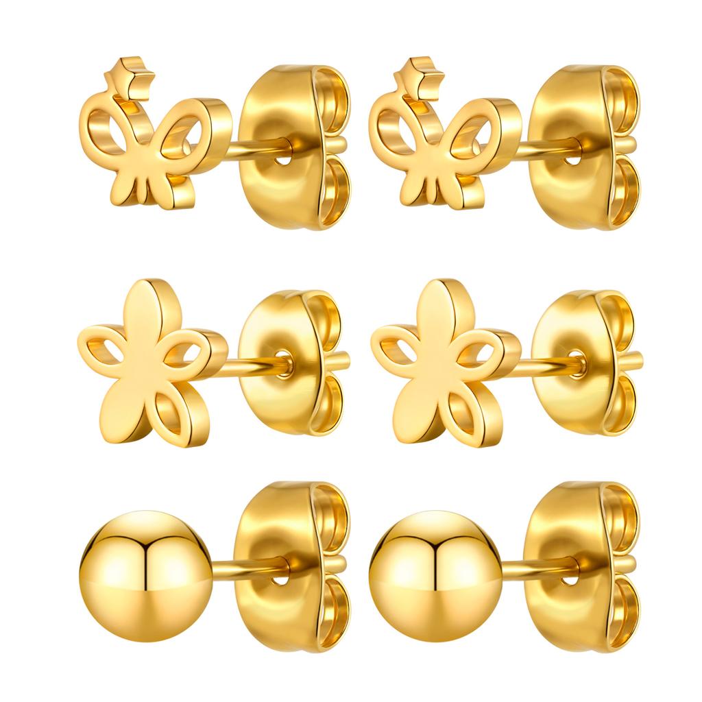 3 Pairs Hollow Flower Bowknot Stud Earrings for Women,Stainless Steel Ball Earrings,Geometric Set Jewelry Gifts