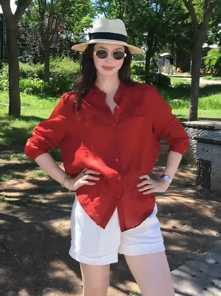 Altes Geld Rotes Dünnes Lockeres Leinenhemd für Damen, Neues Hemd für Frühling/Sommer, Vielseitig und Elegant für Damen