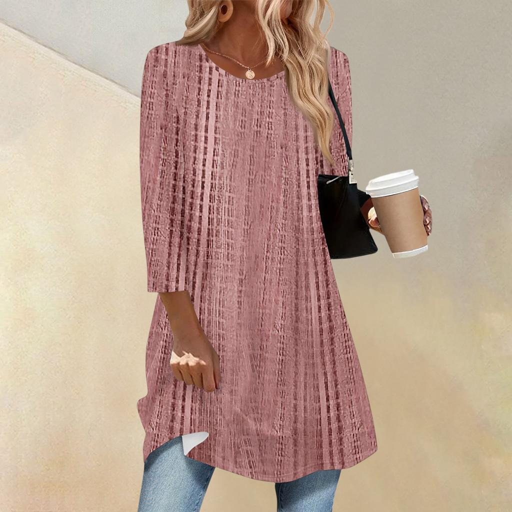 Women's Fashion Casual Three-quarter Sleeve Long Retro Printed Round Neck Top