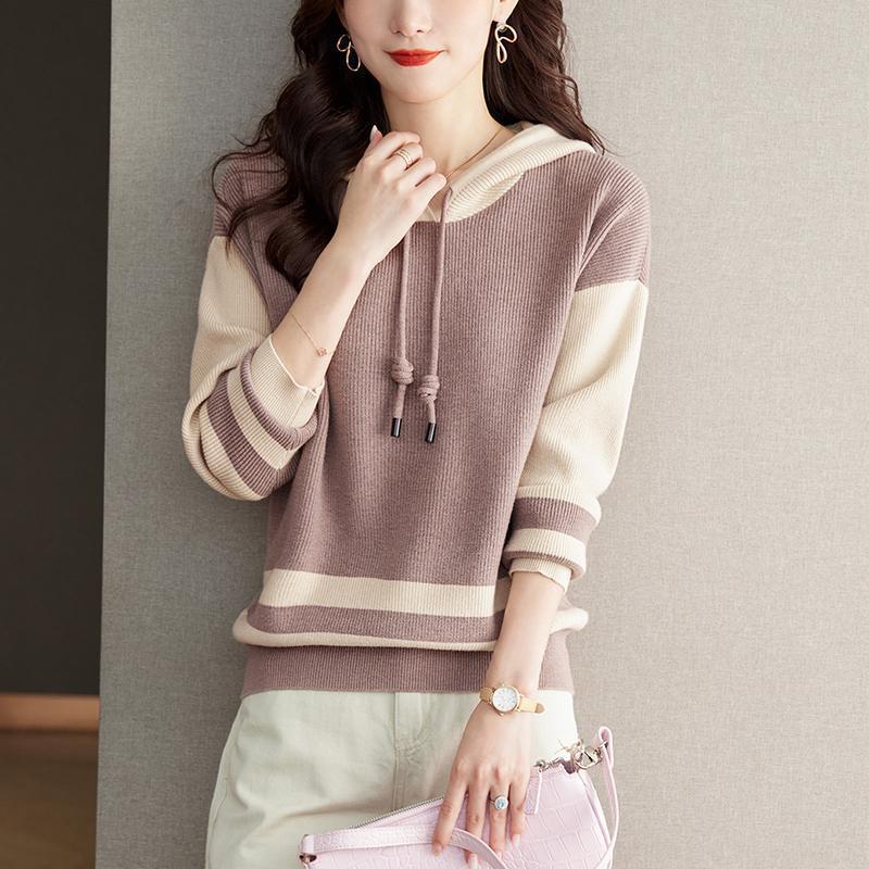 Autumn Winter Fashion Patchwork Long Sleeve Hoodies Pullovers Women's Knitting Blocking Trend Chic All-match Tops