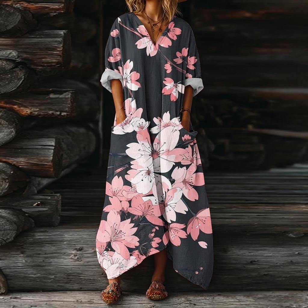 Damesjurk, casual, zwierige jurk met V-hals, vakantiejurk, boho-jurk, strandjurk, zomerjurk