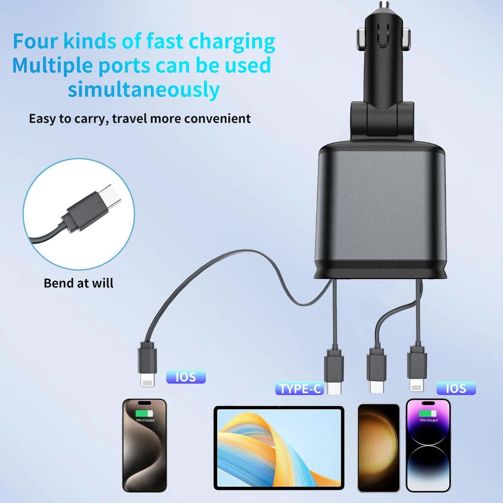 120W 4 IN 1 Retractable Car Charger USB Type C Cable For iPhone Samsung Super Fast Charging Cord Cigarette Lighter Adapter