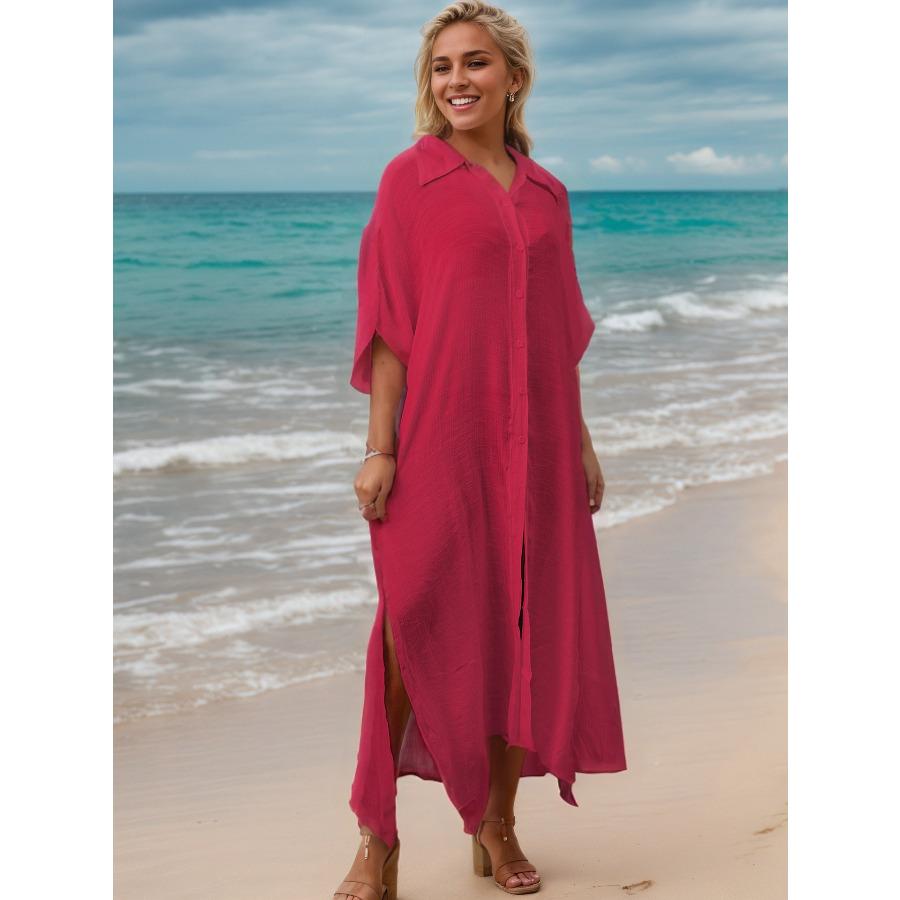 Women's Solid Color Beach Cover Up Loose Long Button Down Shirt Dress, Open Front Vacation Robe 0994 KTY