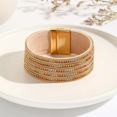 Boho Leather Bracelet for Women Retro Rhinestone Multilayer Wrap Chunky Bangle Jewelry Accesspries