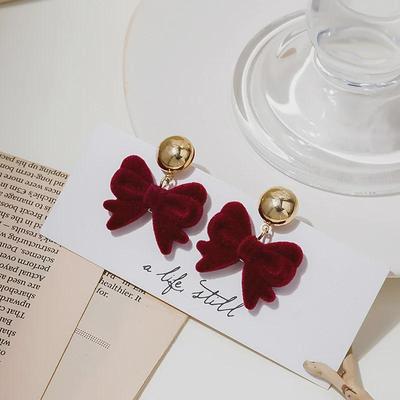 Boucles d'oreilles nœud en velours rouge vin - Design rétro japonais et coréen en fourrure pour l'automne/hiver