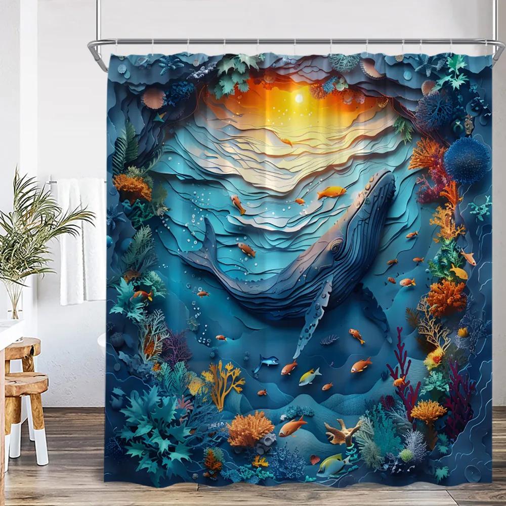 Ocean Animal Shower Curtain Blue Whale Dolphin Seahorse Marine Life Nature Bathroom Decor Sea Poltester Bath Curtain with Hook
