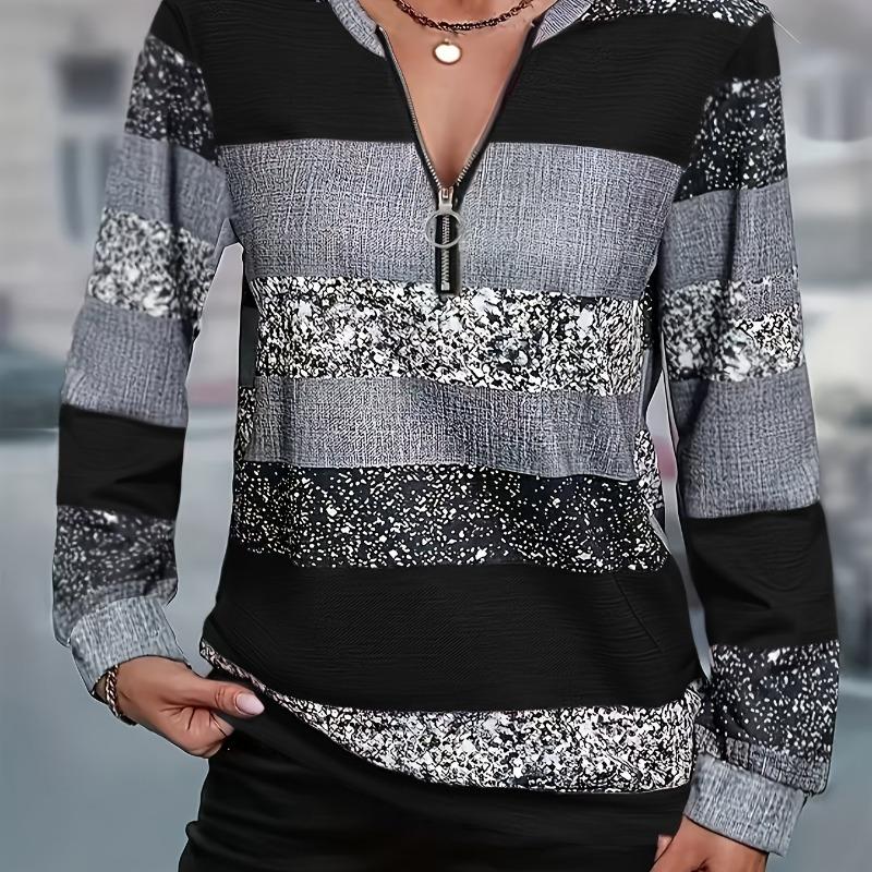 Women's casual striped zipper detail pullover, perfect for spring, summer and autumn