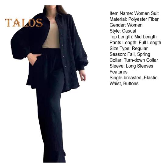 2 Pcs/Set Women Shirt Pants Set Turn-down Collar Single-breasted Long Sleeves Loose Top Elastic Waist Wide Leg Trousers Sport Tracksuit