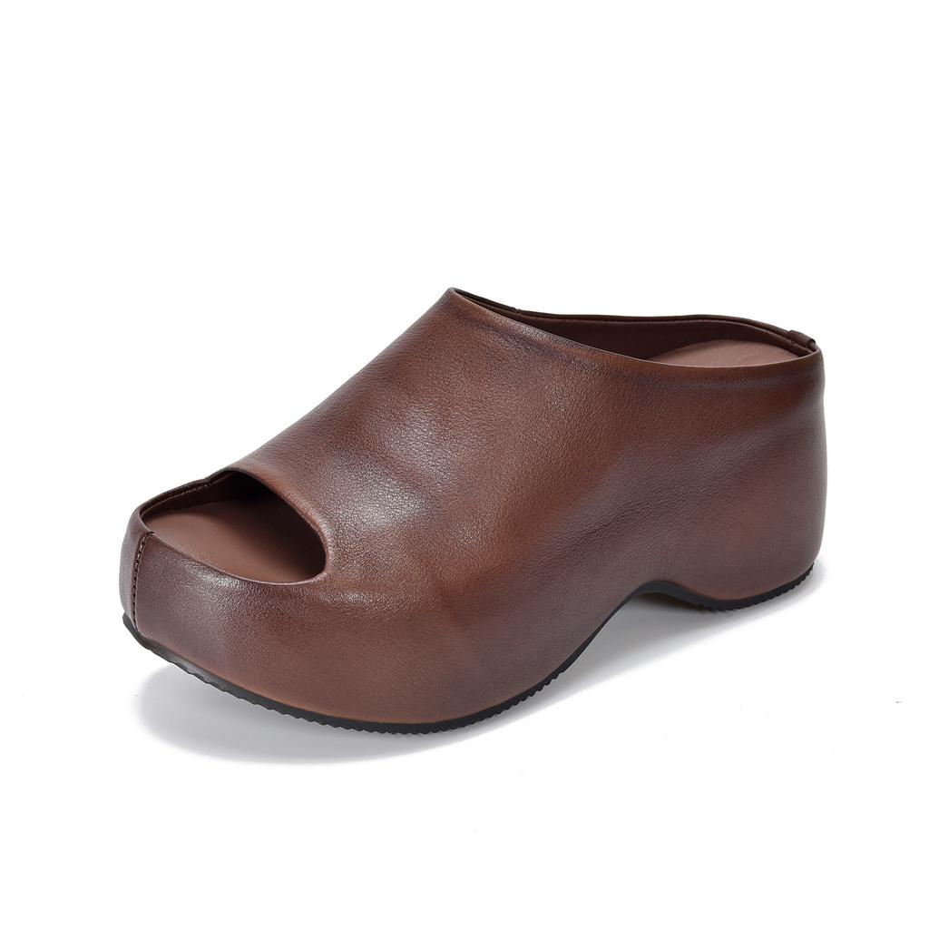 Johnature Genuine Leather Lightweight Thick Soled Peep Toe Slippers Versatile Wedge Heel Women's Slip-on Shoes