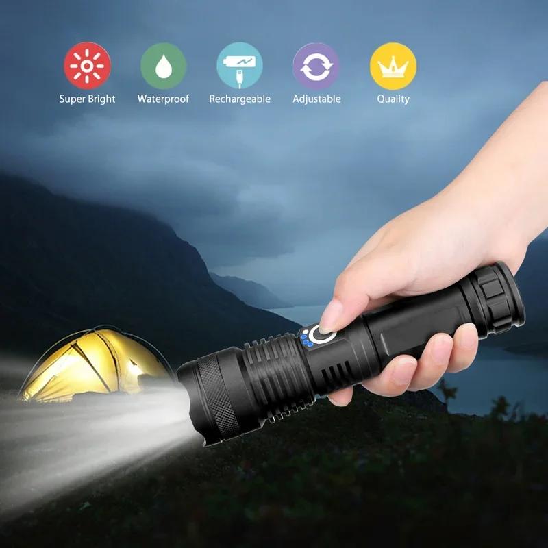 XHP90/XHP70 LED Tactical Flashlight USB Rechargeable Zoomable 5Modes Torch Light Use 26650 Battery Waterproof Handlamp