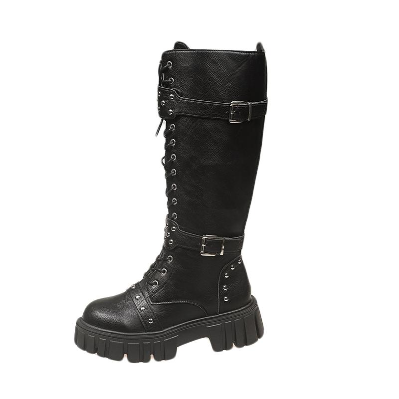 Fall/Winter  New Thick Leg Boots Knight Boots Plus Size Round Toe Rivet Belt Buckle Platform Tall Boots