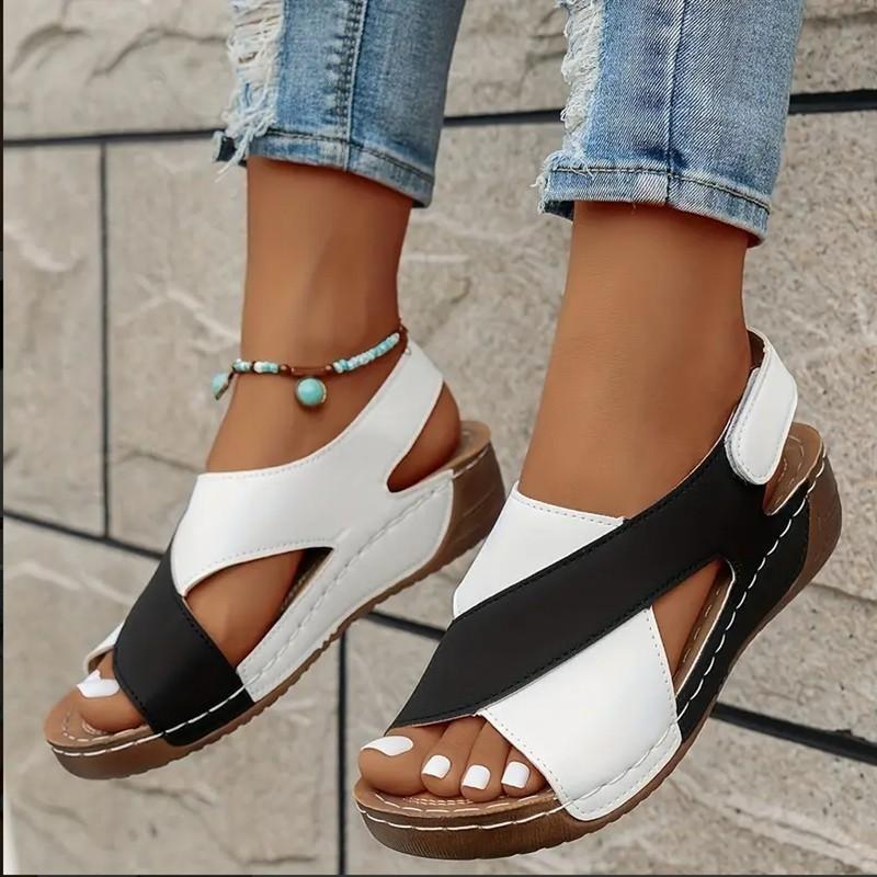 Women's Platform Color Block Gladiator Sandals Chunky Sole Velcro Open Toe Beach Slides